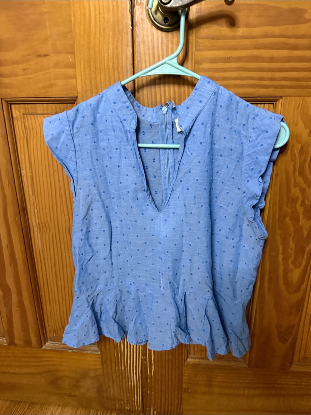 Poppy & Peonies Light Blue Dot Peplum Cap-Sleeve Top